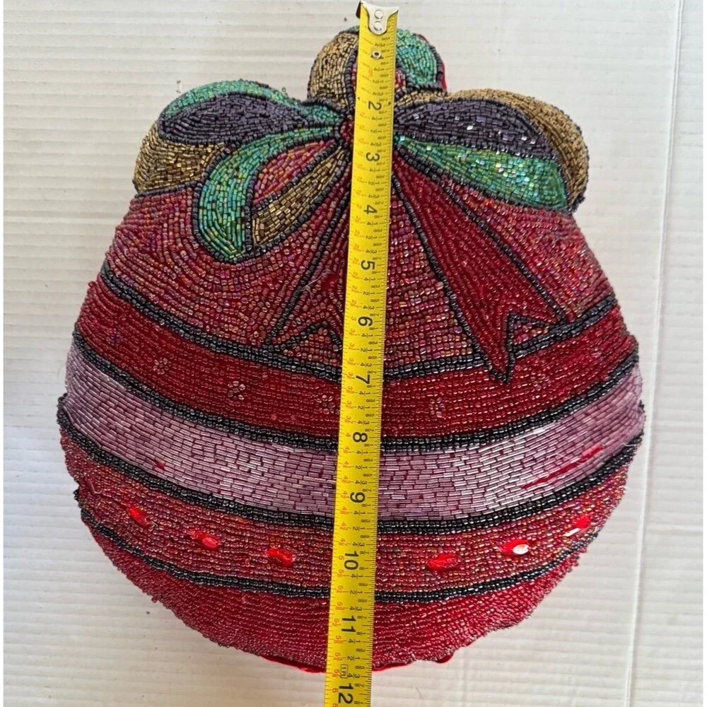 Vintage Beaded Ornament Shaped Accent Pillow Red Satin Christmas Decor